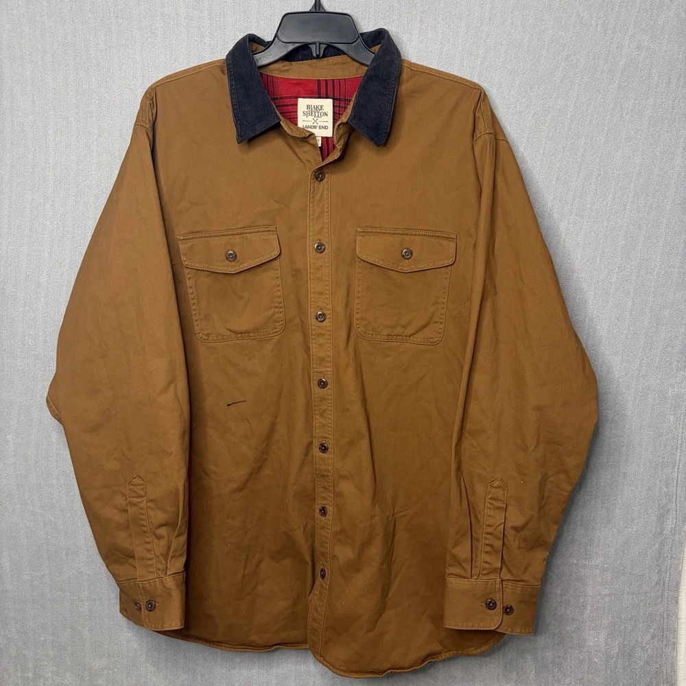 Lands End Blake Shelton Brown Canvas Work Shirt Corduroy Collar Lined Barn Chore